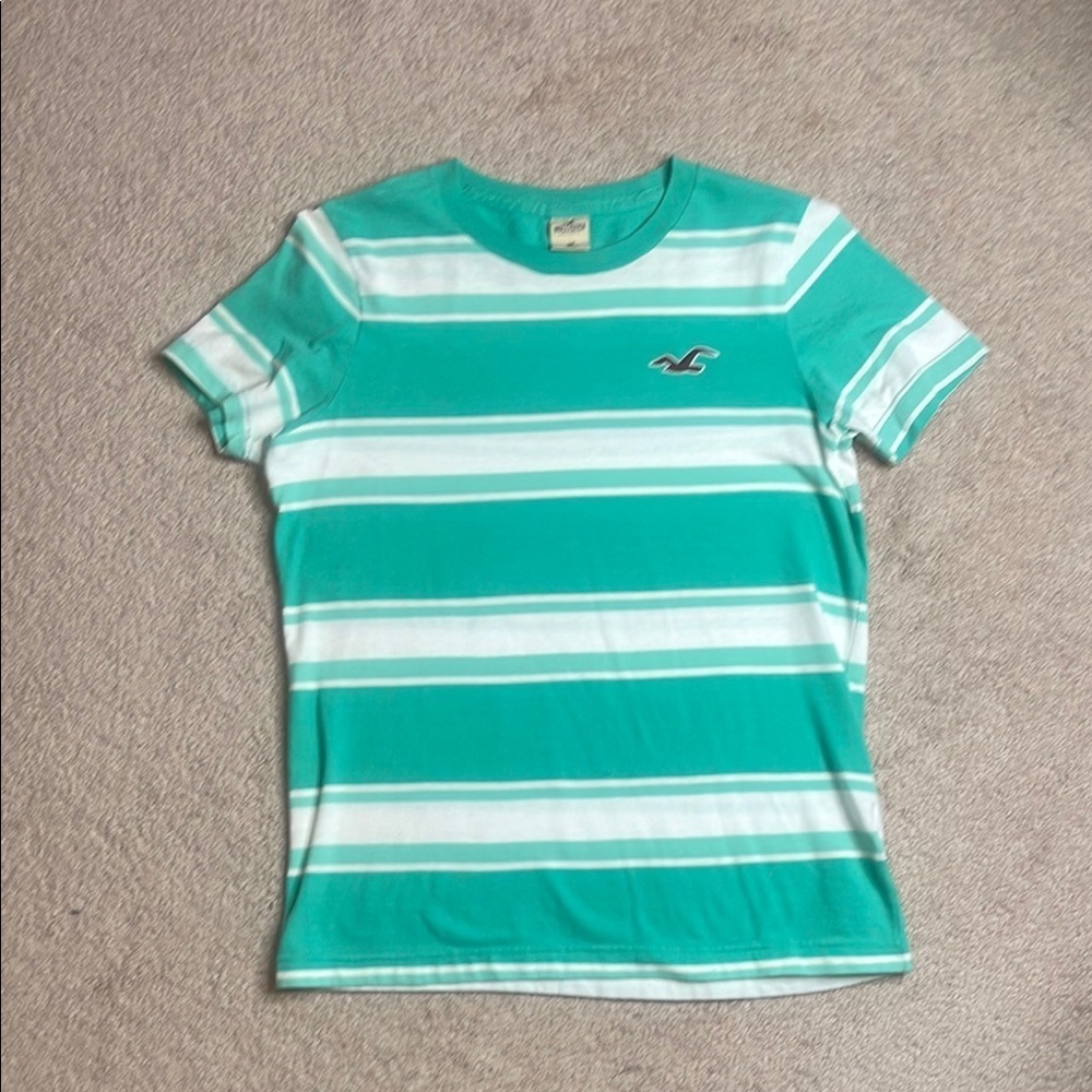 Hollister Green and White Striped Tee